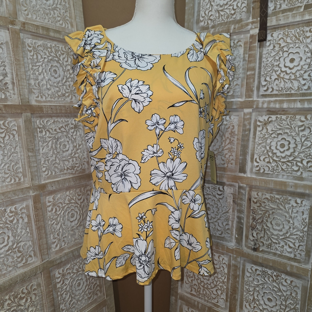 Perseption Yellow Floral Ruffle Blouse